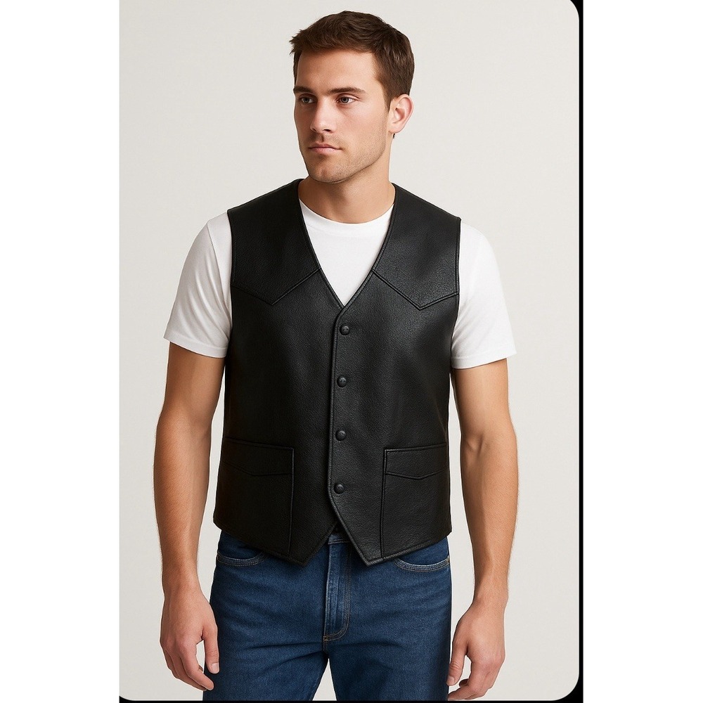 Men's Bellagio Black Leather Vest Size 3XL Western Style Snap Front Pockets EUC